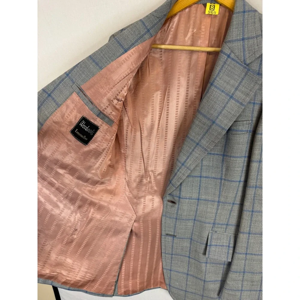 70s Disco Drapeshire Men 40L Vintage Wool Blazer Grey Blue Windowpane Sport Coat